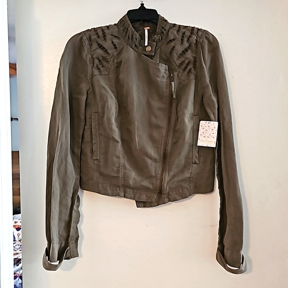 Free People double-breasted embroidered cutout jacket NWT size 4.